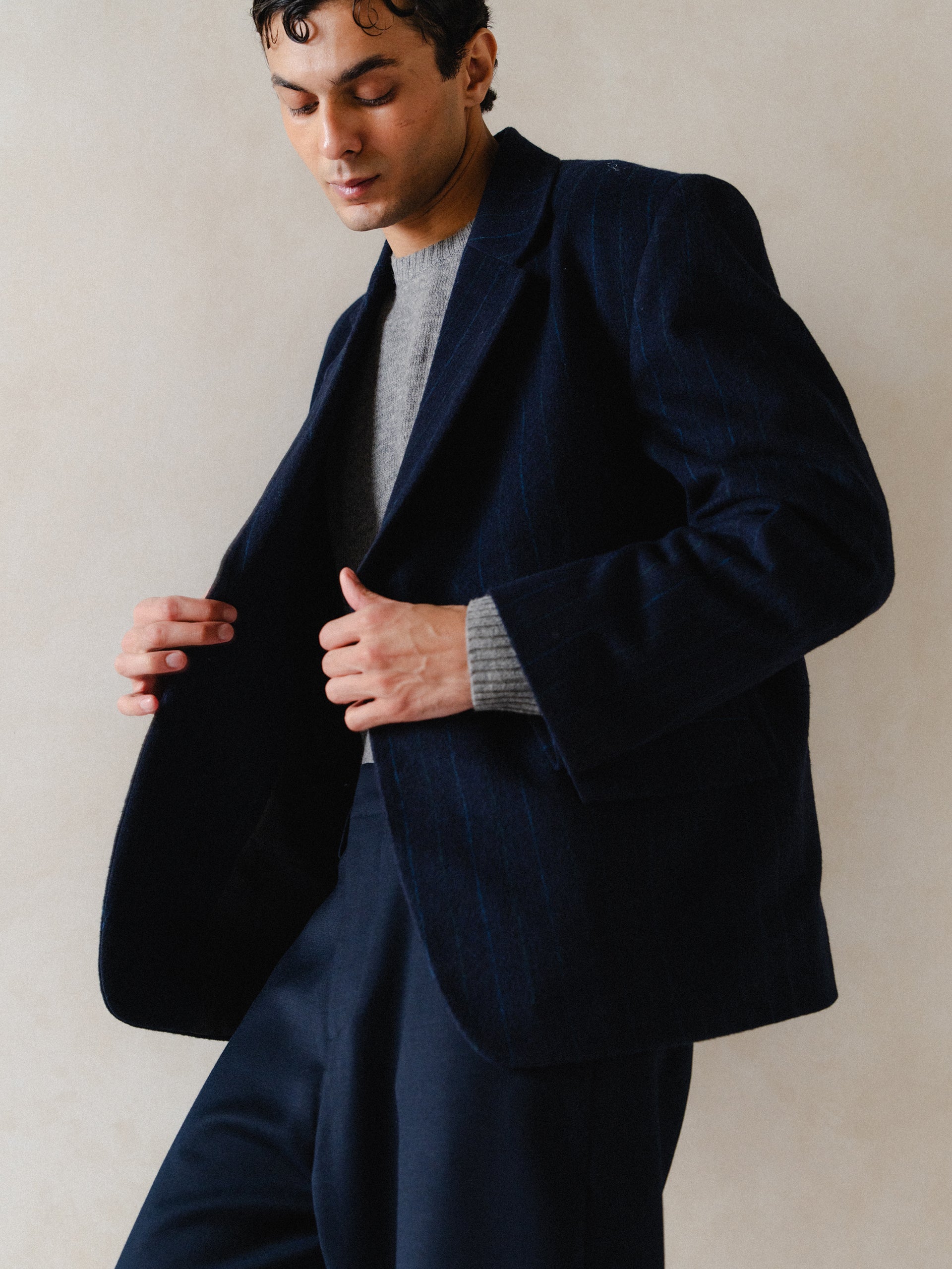 WOOL FLANNEL BLAZER IN NAVY PINSTRIPE