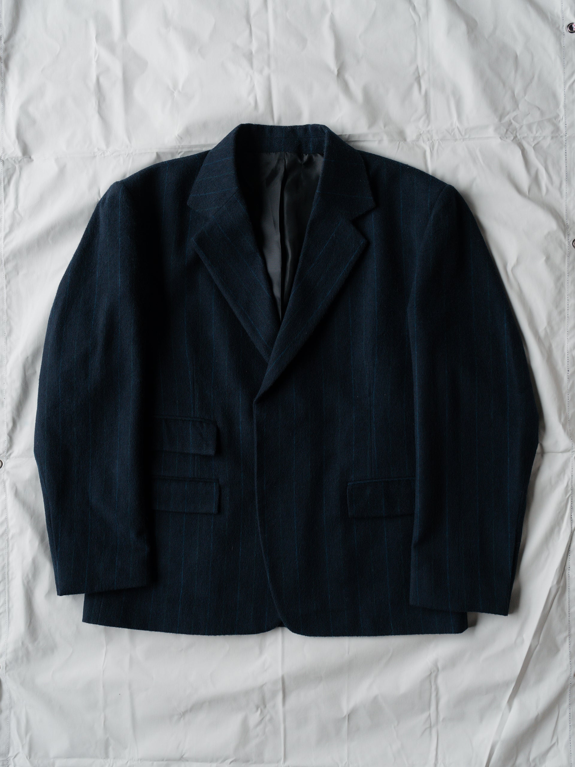 WOOL FLANNEL BLAZER IN NAVY PINSTRIPE