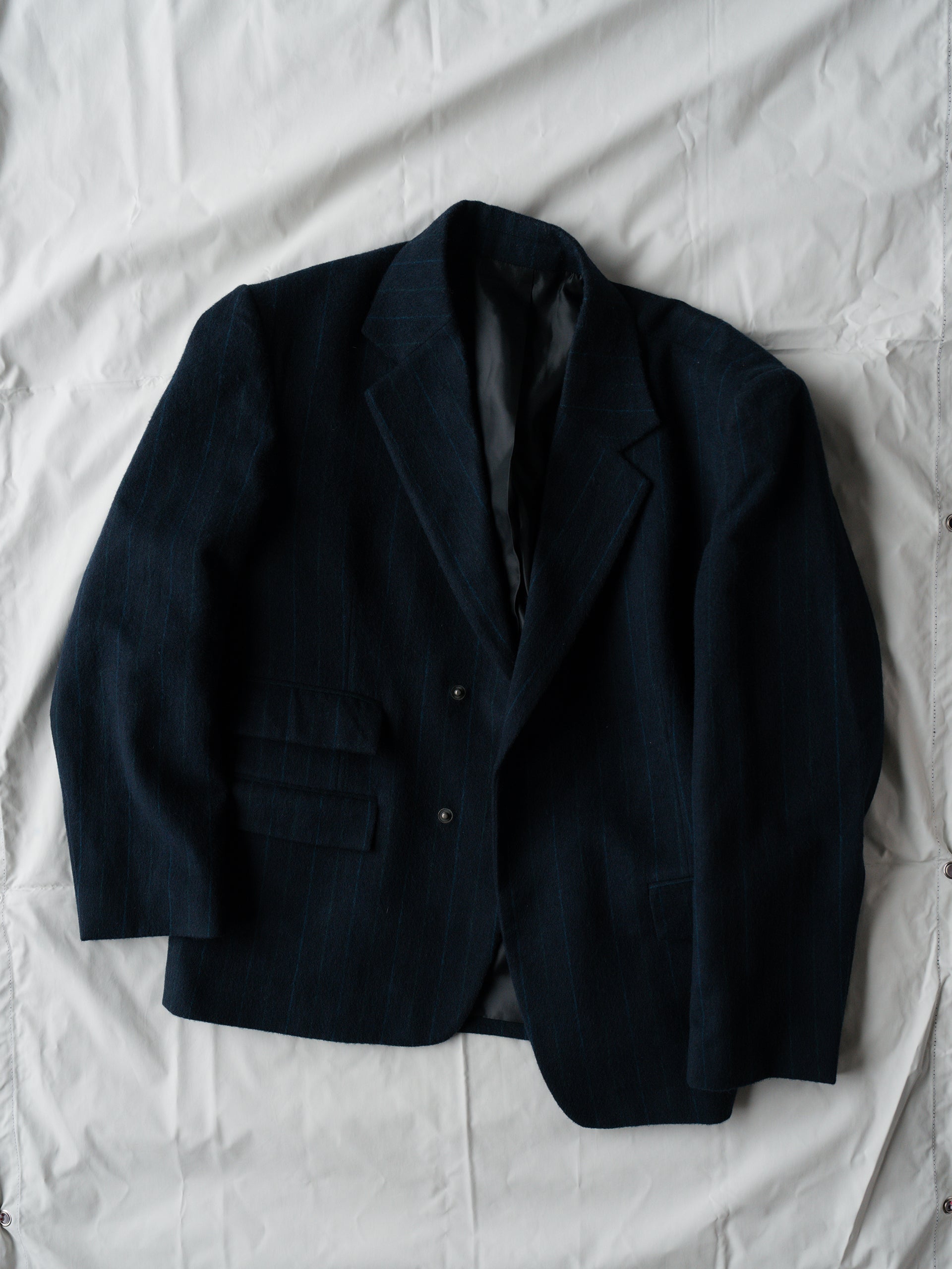 WOOL FLANNEL BLAZER IN NAVY PINSTRIPE