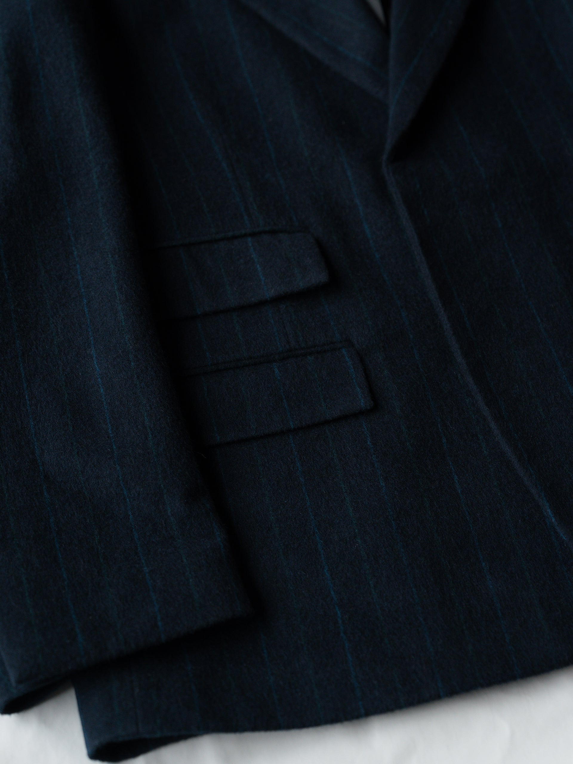 WOOL FLANNEL BLAZER IN NAVY PINSTRIPE