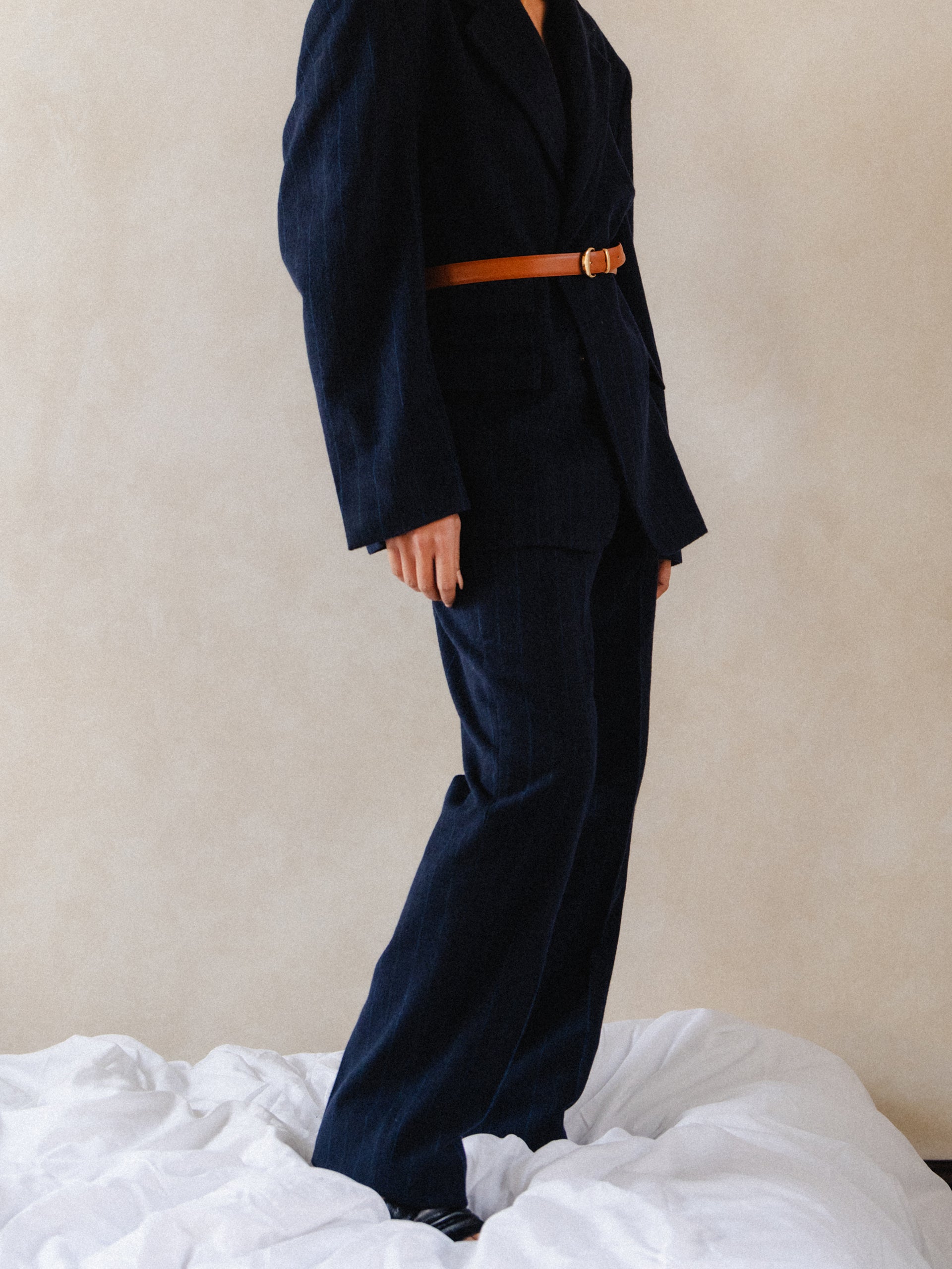 WOOL FLANNEL PANTS IN NAVY PINSTRIPE